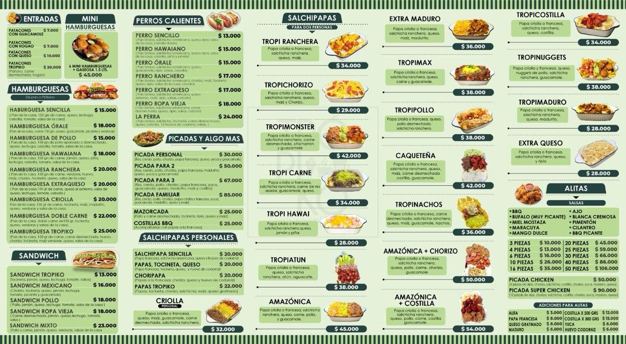Carta de comidas y productos salados de Tropicool
