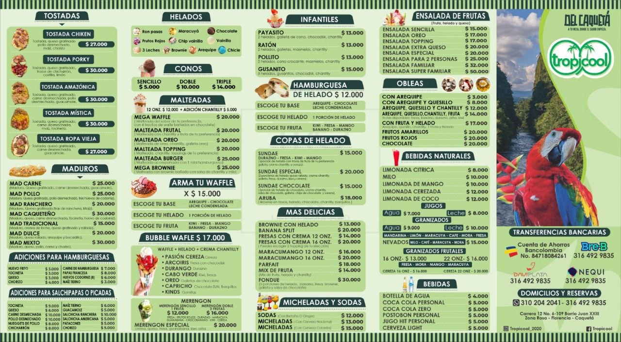 Carta de helados, postres y bebidas de Tropicool