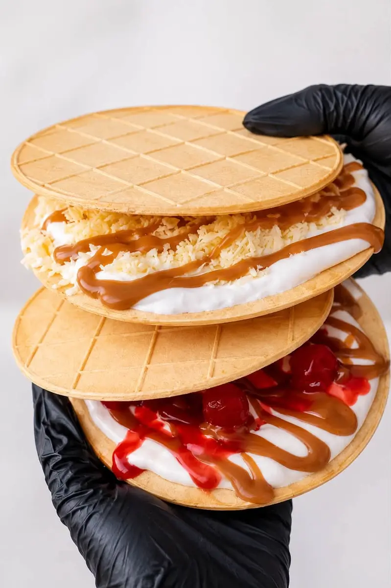 Obleas rellenas con fruta y crema